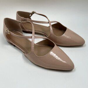 Anthropologie Leather Cross Strap Ballet Flat Shoes Patent Nude Neutral Size 8.5
